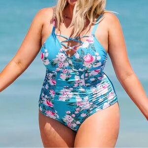 CUPSHE Floral Swimsuit One Piece Bathing Suit Ruched Tummy Control V Neck - 0X‎